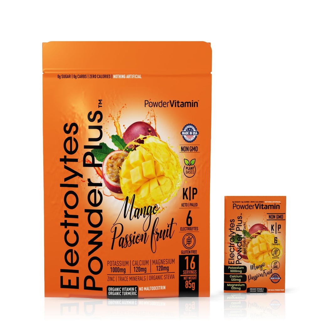 PowderVitamin Electrolytes Powder Plus, Keto, Mango Passionfruit, Sugar Free, Pink Himalayan Salt, 1000mg Potassium, 120mg Calcium, 120mg Magnesium, Non-GMO, Zero Calories, (16 Hydration Packets)