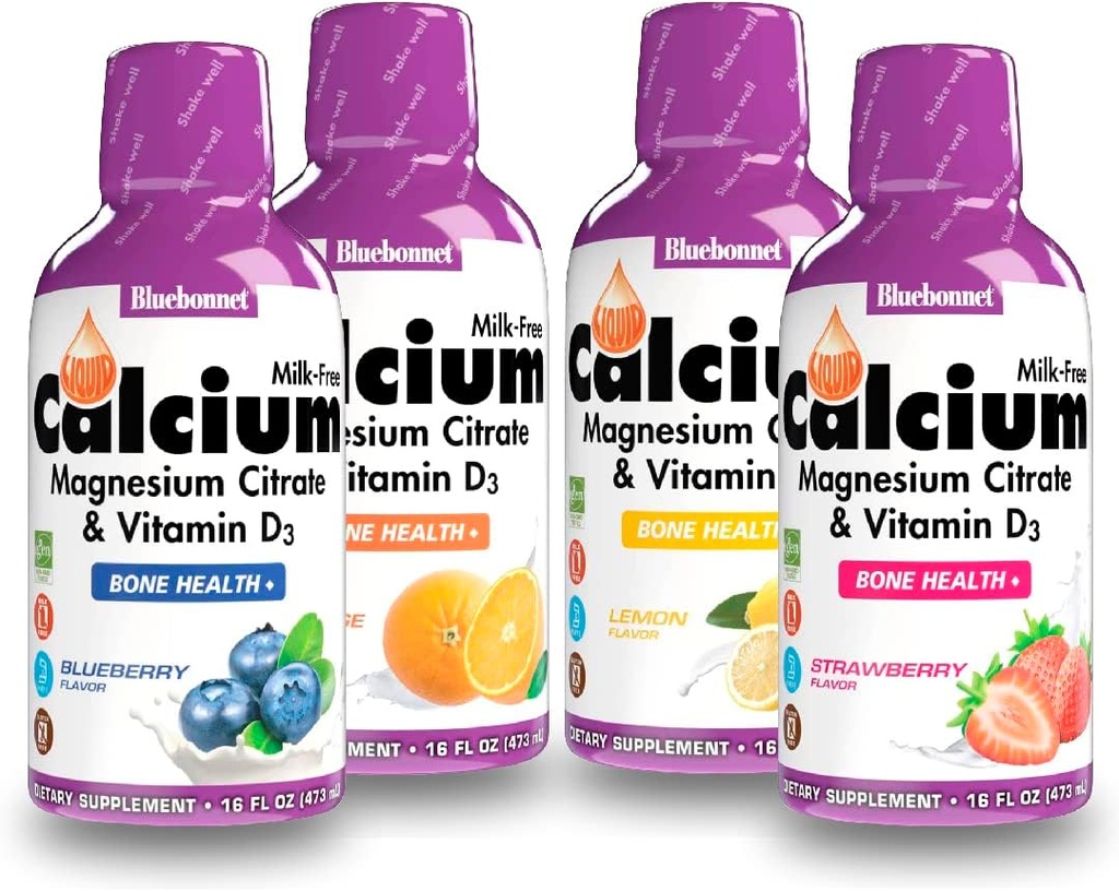 Bluebonnet Nutrition Liquid Calcium Citrate Magnesium Citrate, Vitamin D3, Bone Health - Bundle of Orange, Blueberry, Lemon and Strawberry Flavor, 4 Bottle of 16 Fl Oz Each (64 Fl Oz Total)