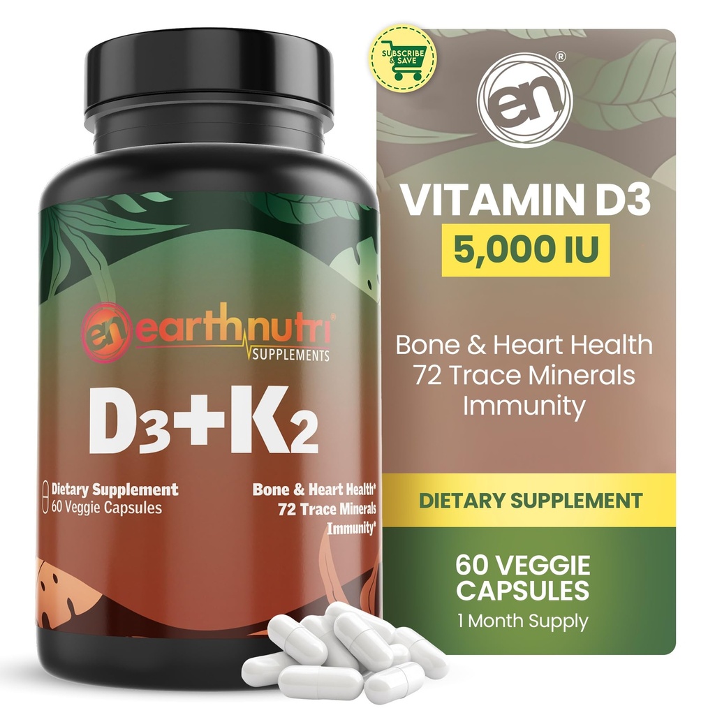 EarthNutri - Vitamin D3 Plus K2 Vitamin Supplement 5000 IU – Includes K2 from MENA Q7, D3 from Vitashine, Calcium from Aquamin & 72 Trace Minerals – for Immune, Bone & Heart Health - Non-GMO