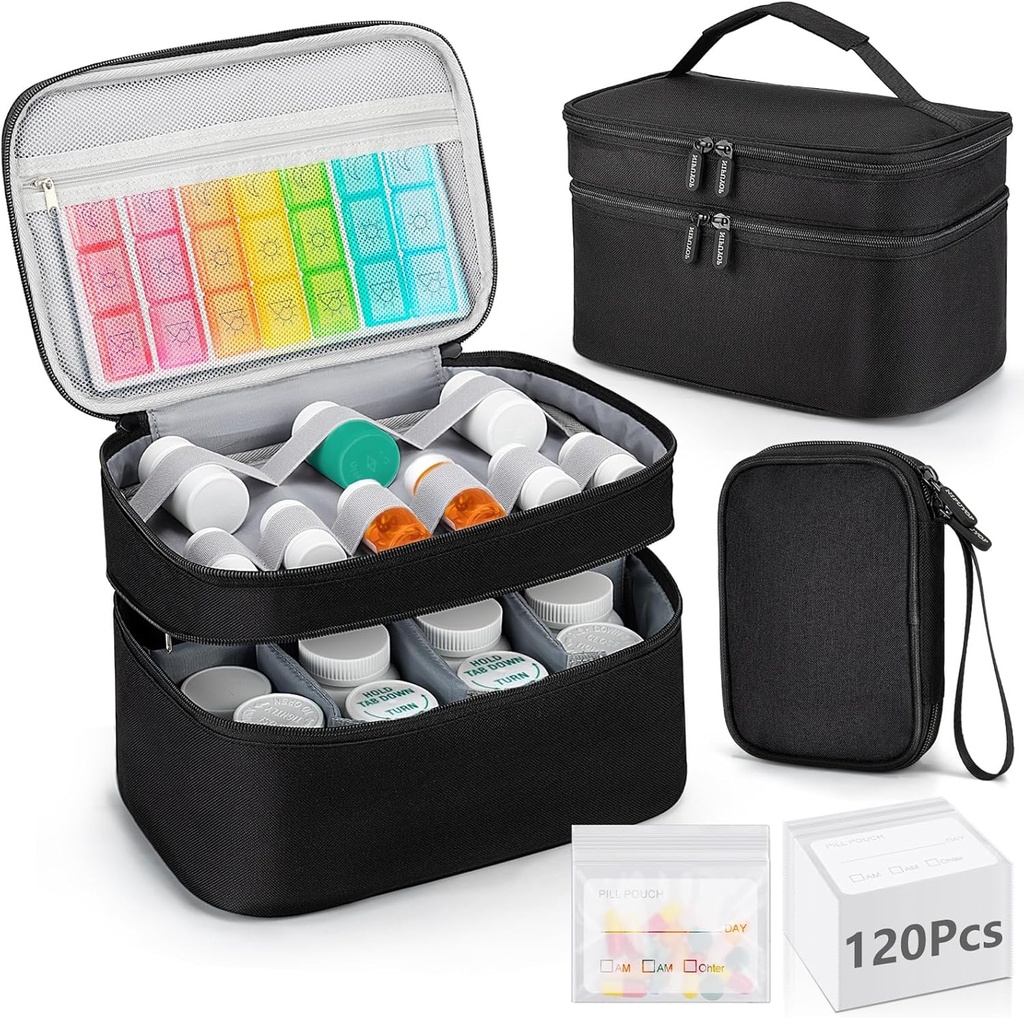Medicine Organizer Bag, Double Layers Pill Bottle Storage with 120 Pill Pouch Travel Baggies, Portable Medicine Storage Bag for Pills, Vitamins, Medical Supplies for Home Storage, First Aid