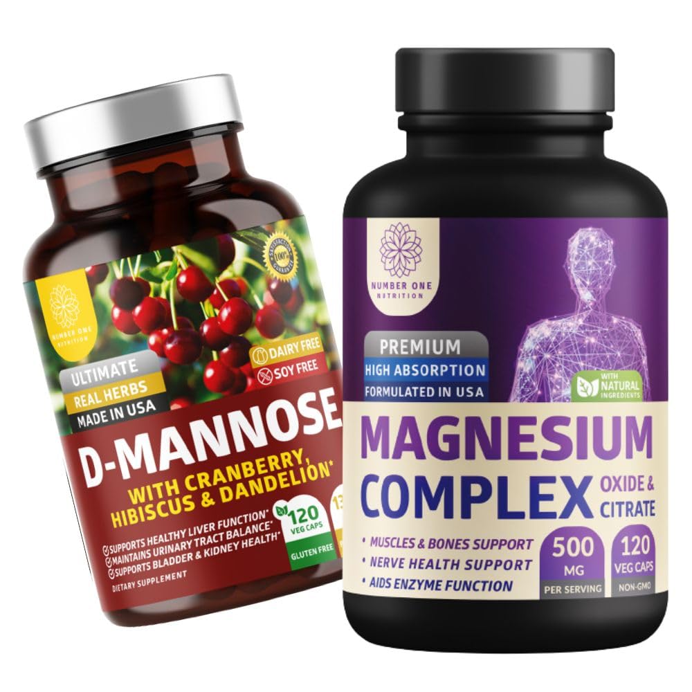 Number One Nutrition N1N Premium Magnesium Complex [500mg] High Absorption and D-Mannose [1350mg with Cranberry & Hibiscus], Non-GMO and Gluten-Free, 2 Pack Bundle