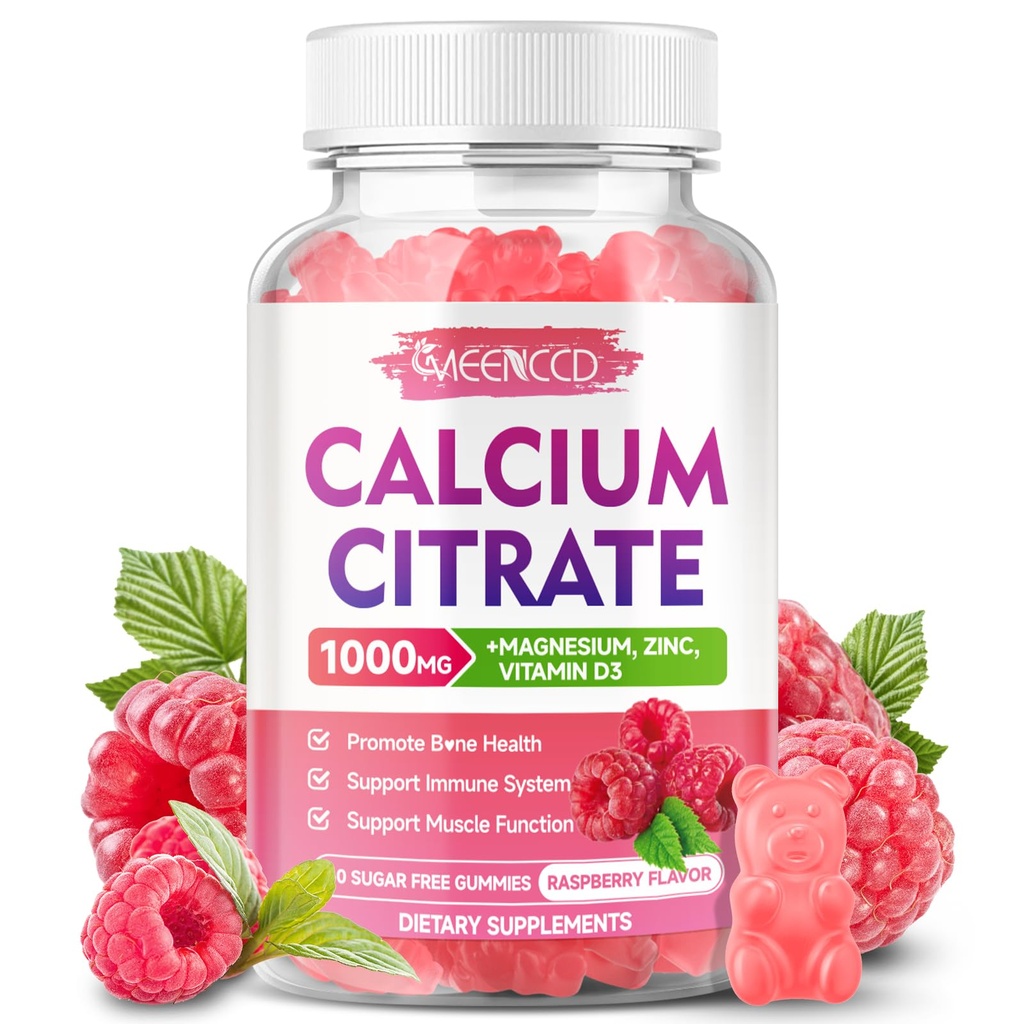 Calcium Citrate Gummies w/Vitamin D3, High Absorption Calcium Supplement for Women & Men, Plus Magnesium, Potassium, Zinc for Muscle & Immune Support, Sugar-Free, Raspberry Flavor, 60 Count