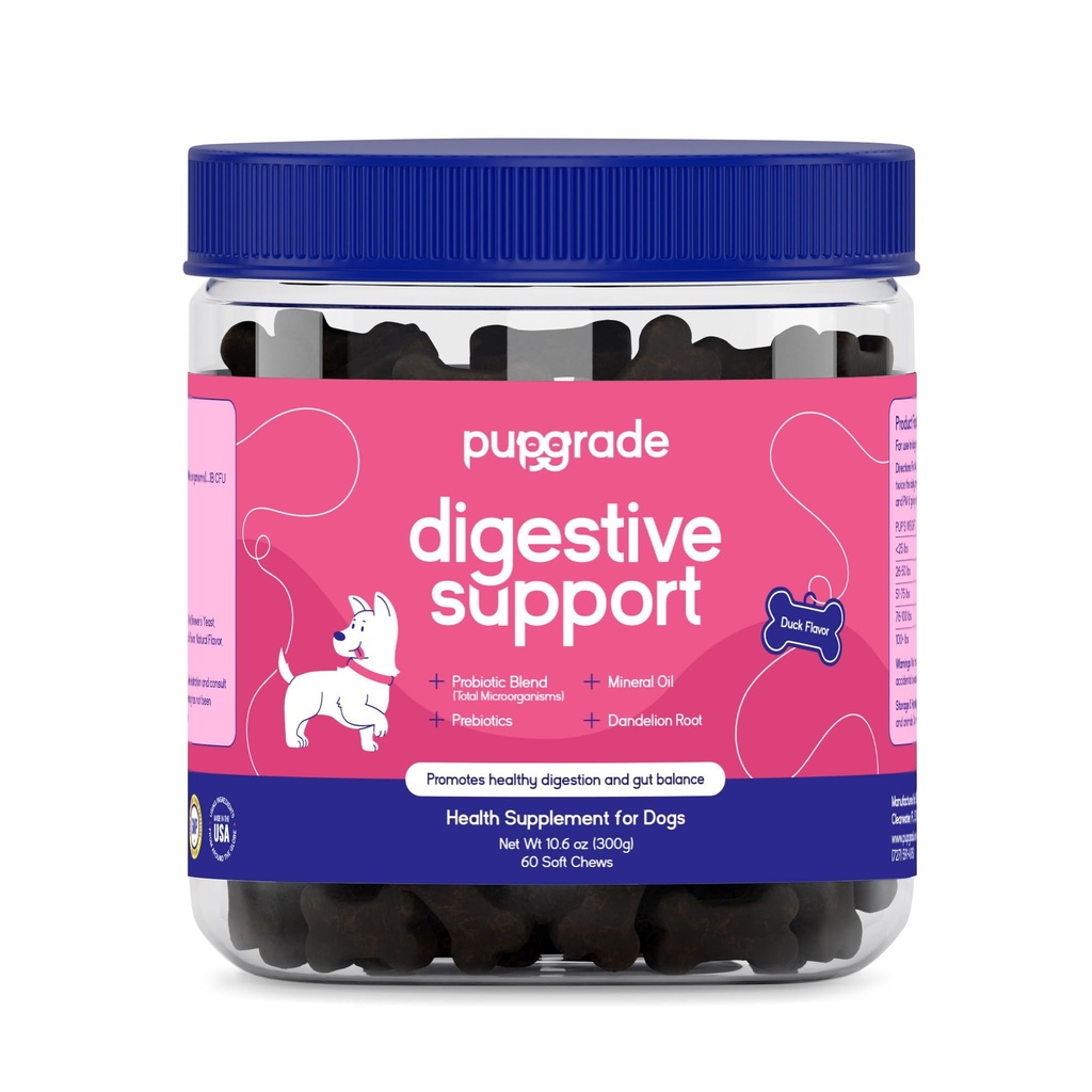 PupGrade Digestive Support for Dogs - Prebiotic + Probiotic Supplement with Enzyme Blend - Gut and Immune Support - Pumpkin, Blueberry, Mineral Oil, Duck Flavor - 60 Soft Chews