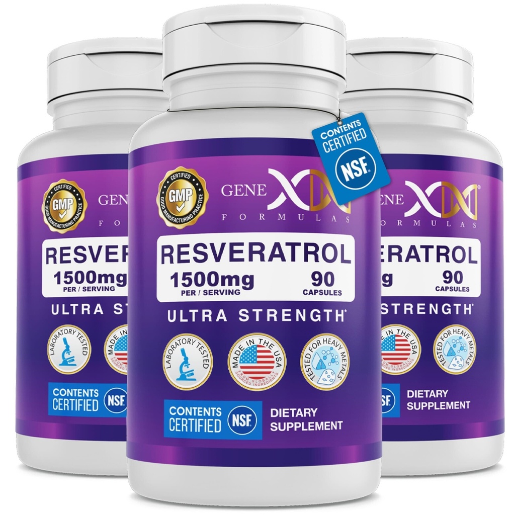 Genex Formulas 1500mg Resveratrol with BioPerine for Absorption (3 Pack) | Organic Trans-Resveratrol Capsules from Japanese Knotweed, Antioxidant Supplement for Healthy Aging