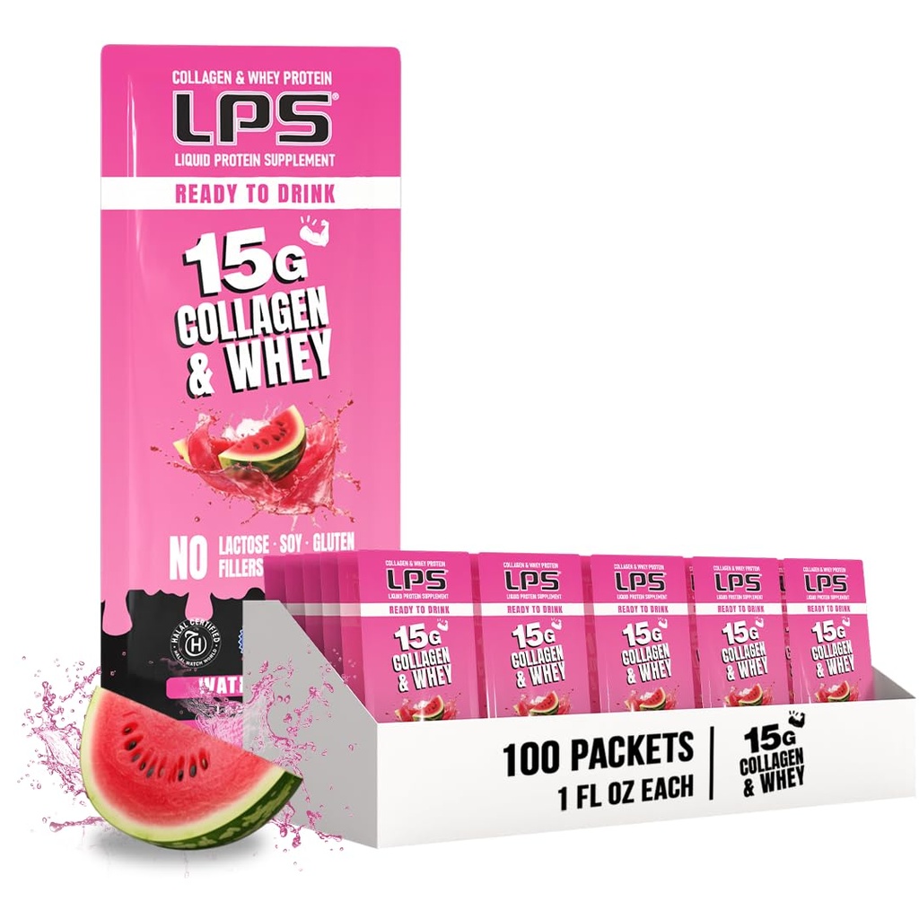 Nutritional Designs LPS Liquid Collagen & Whey Protein Supplement - Non-GMO Drink, Sugar-Free - Promotes Healthy Skin & Hair for Men & Women, Watermelon, Single Serve (100 Packets)