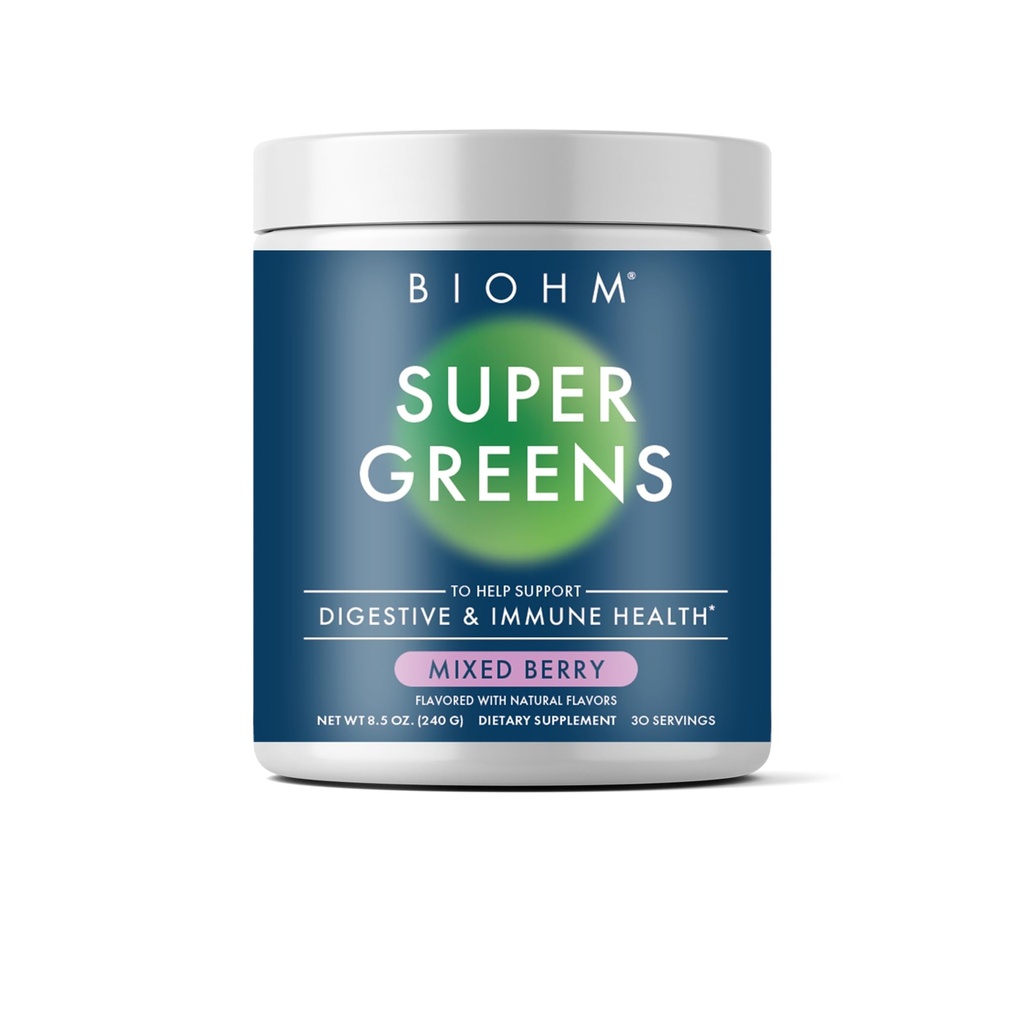 BIOHM Super Greens, Green Superfood Powder (8.5 Oz, 30 Servings) Antioxidant Veggie Powder & Smoothie Mix, 34 Superfoods & Spirulina, Digestive Enzymes, Prebiotics and Probiotics, Mixed Berry Flavor