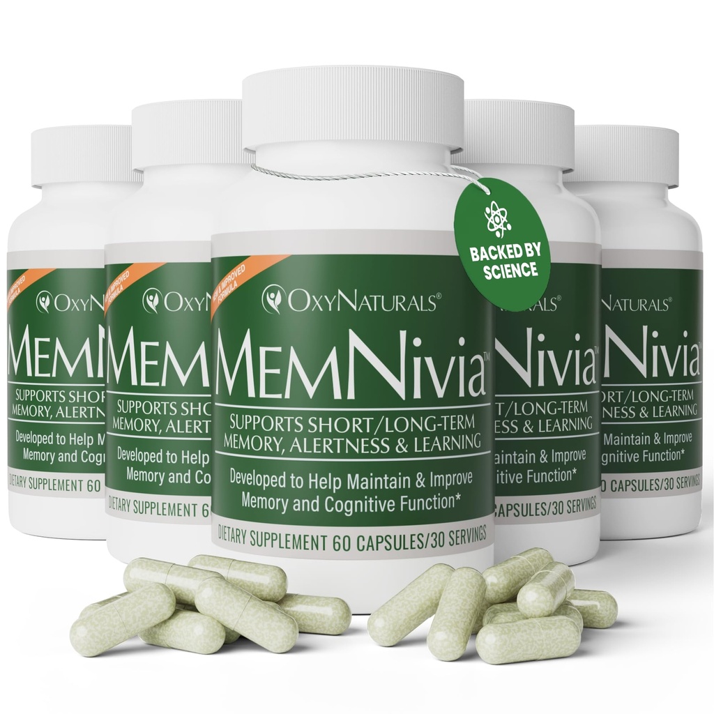 MemNivia Brain Supplements for Memory & Focus | Dual-Sage Stem Cell Formula with Cognivia®, Bacopa, Holy Basil & Ginger | Clinically Proven Mental Clarity Support | 300 Capsules (5 Bottles) | USA Made