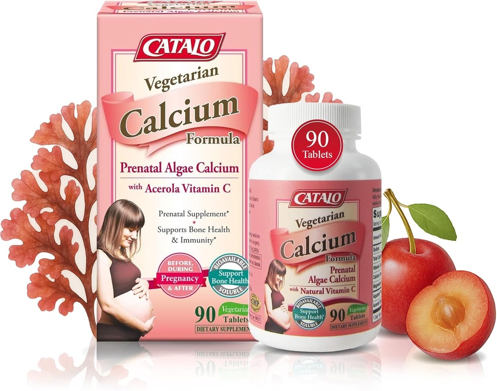 CATALO Vegetarian Calcium Supplements for Women - Plant-Based Red Algae Calcium with Magnesium & Vitamin C for Enhanced Absorption - 90 Tablets
