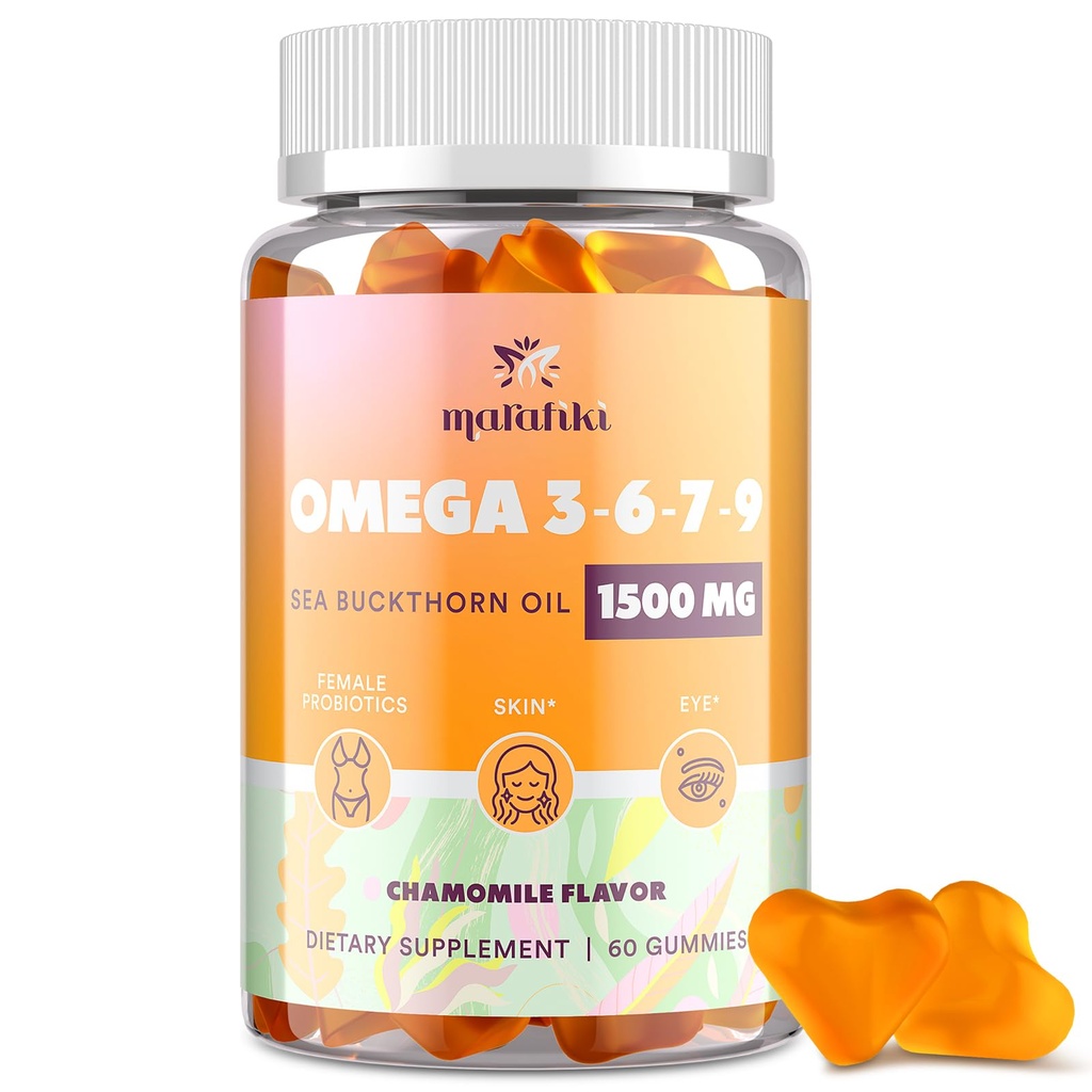 Omega 3 6 7 9 Gummies for Women - Omega 3 Supplement with Sea Buckthorn Oil, Flaxseed Oil, Vitamins E, A & Probiotics - Skin, Eye & Dryness, Chamomile Flavor - 60 Gummies