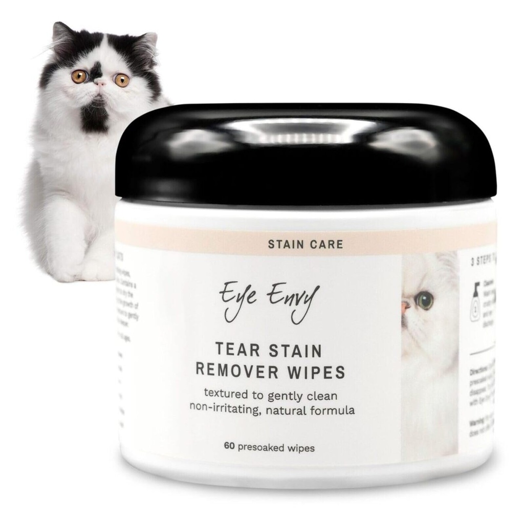 Eye Envy Tear Stain Wipes for Cats. Textured to Gently Clean Tear Stains. Natural Formula. Recommended by Persian & Exotic Breeders, Groomers. USA Made. 60 Cat Eye Wipes