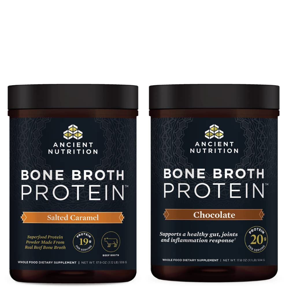 Ancient Nutrition Bone Broth Protein Powder, Salted Caramel, 20 Servings + Bone Broth Protein Powder, Chocolate, 20 Servings