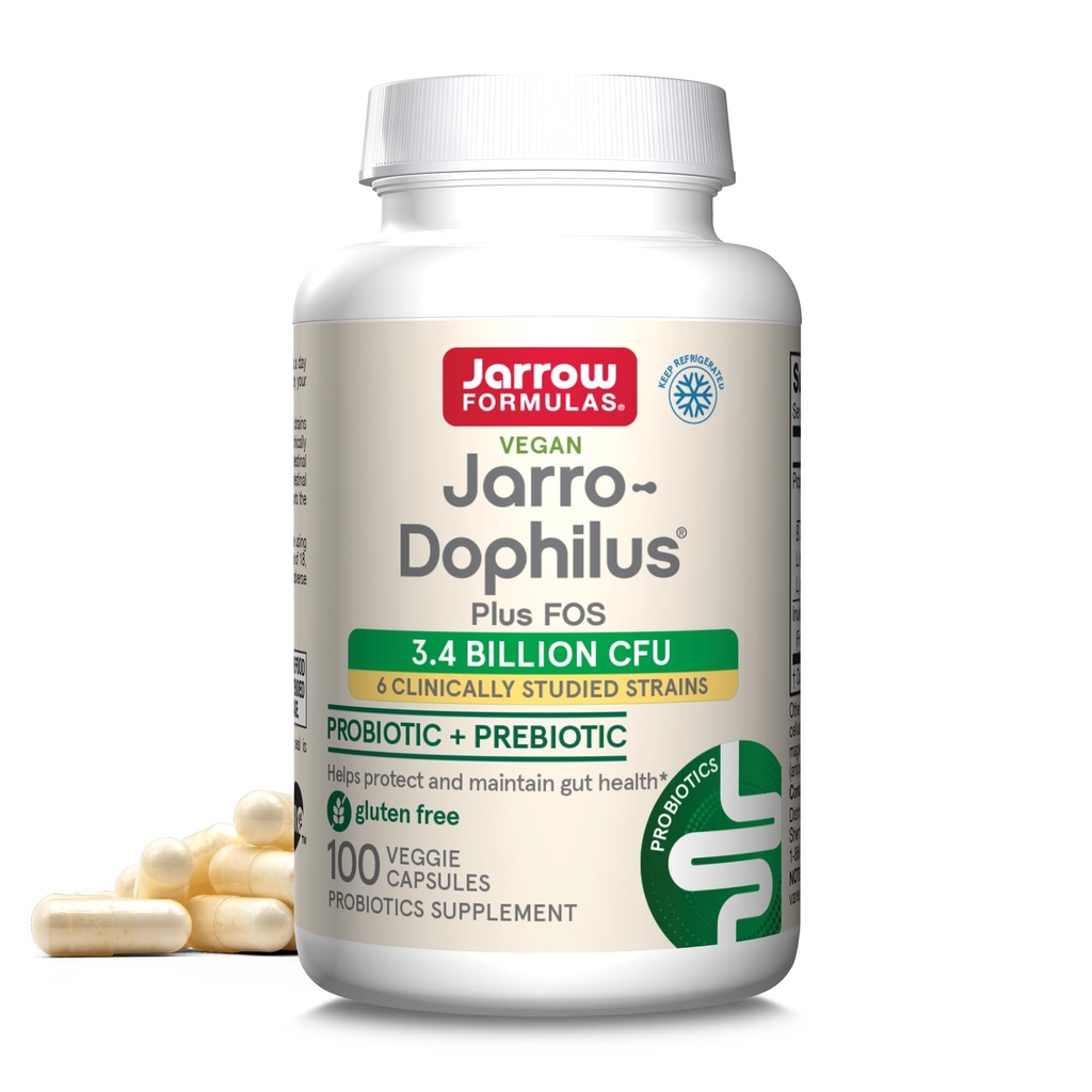 Jarrow Formulas Jarro-Dophilus + FOS - 3.4 Billion CFU Per Serving - Prebiotic & Probiotics Supplement for Immune & Intestine Support - Up to 100 Servings (Veggie Caps)