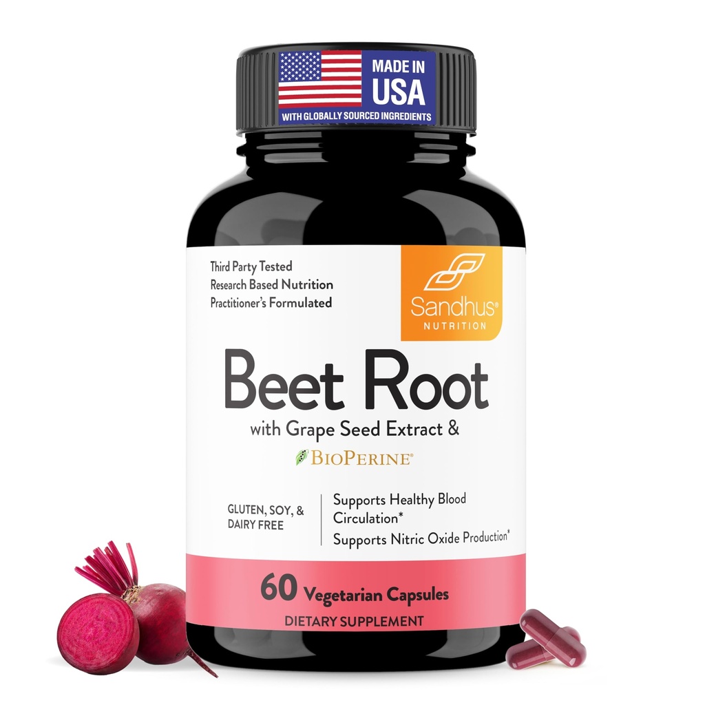 Sandhu's Beet Root Capsules 1200mg with BioPerine & Grape Seed Extract – Nitric Oxide Support Endurance – 60 Caps 30-Day Supply – Made in USA