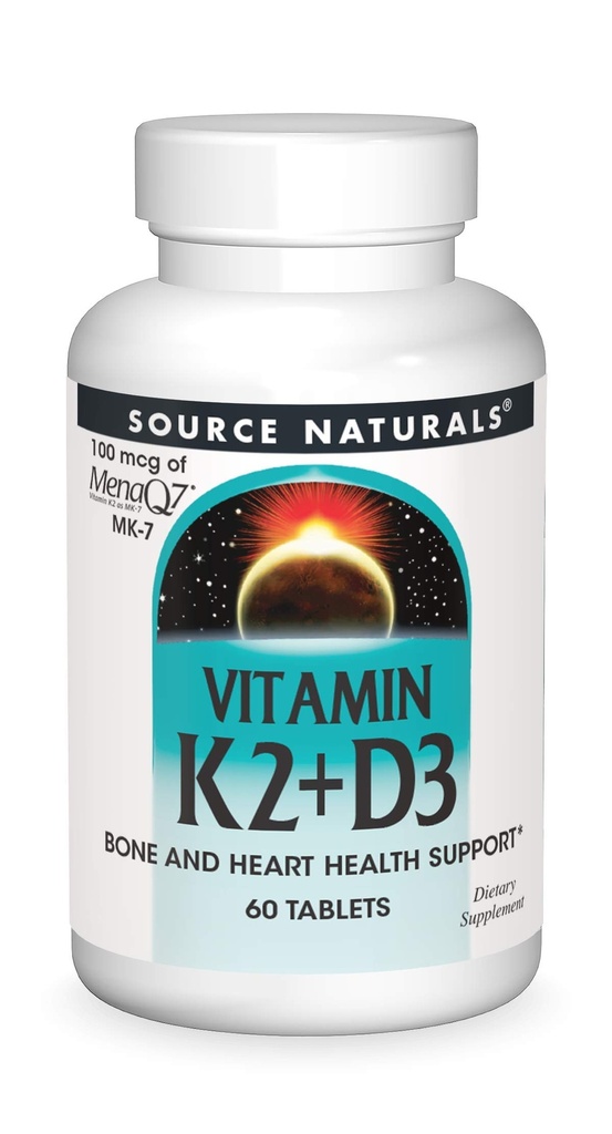 Source Naturals Vitamin K2 + D3 Bone & Heart Health Complex - 400 IU Vitamin D3 & 100 mcg Vitamin K2 (MK-7) with Calcium - 60 Tablets