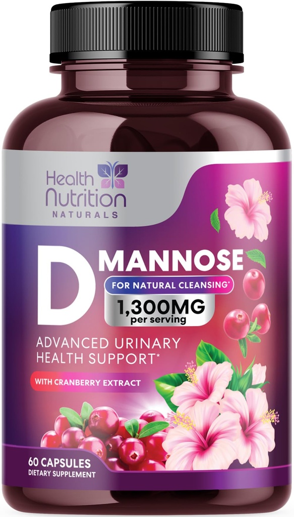 D-Mannose Supplement - 1,300mg Organic D Mannose Per Serving with Organic Cranberry Extract - Fast-Acting, Natural Urinary & Bladder Support for Women & Men – Flush & Cleanse Impurities – 60 Capsules