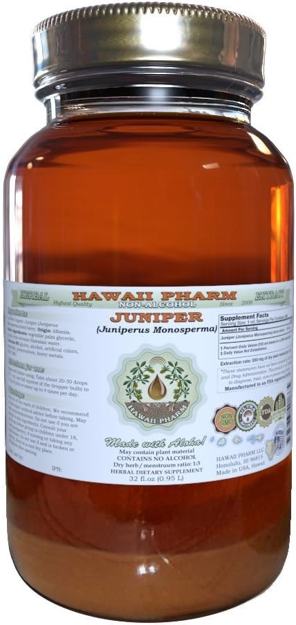 Juniper Alcohol-Free Liquid Extract, Organic Juniper (Juniperus Monosperma) Dried Berry Glycerite Hawaii Pharm Natural Herbal Supplement 32 oz Unfiltered