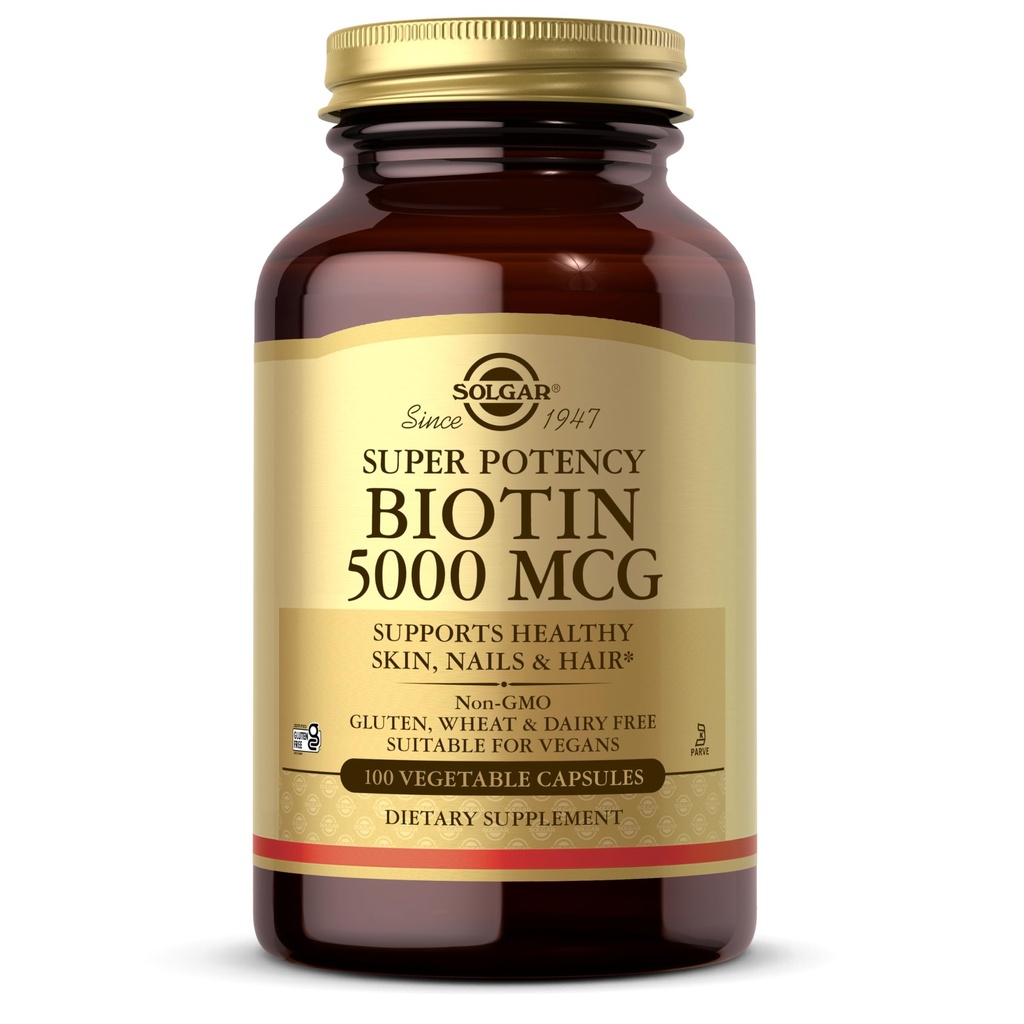 Solgar Biotin 5000 mcg - Promote Healthy Skin, Nails & Hair - Supports Energy Production, Protein, Carbohydrate & Fat Metabolism - Vitamin B - Non GMO, Vegan, Gluten Free - 100 Servings, Unflavored, Standard Packaging, 100 Count