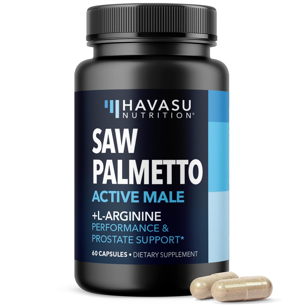 Saw Palmetto 500mg and L-Arginine 500 mg - Prostate Health and Nitric Oxide Supplements for Men - 60 Count - Urinary Function Support and Endurance for Active Males - Vegan, Non-GMO, 1 Month Supply