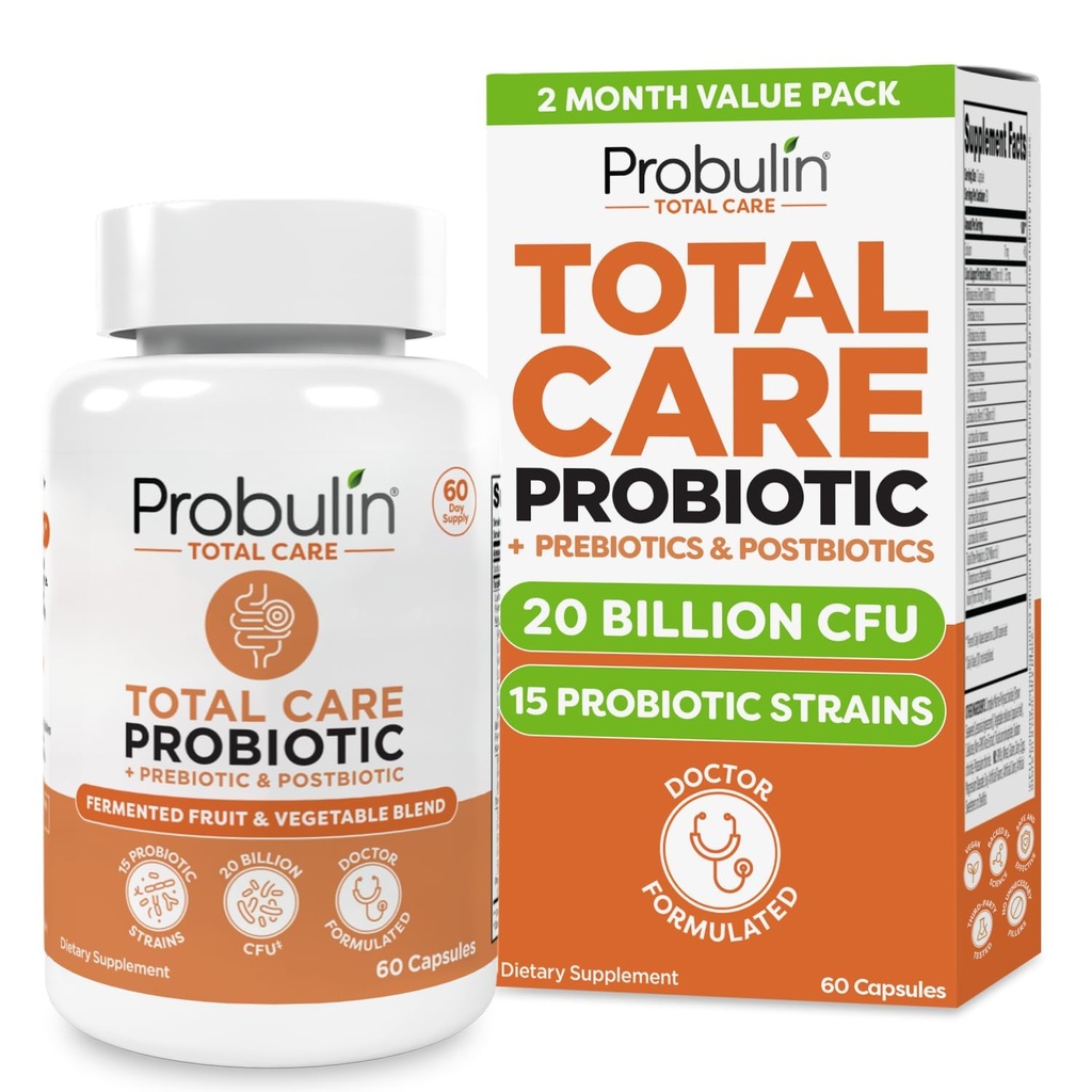 Probulin Total Care Probiotic Supplement, Daily Gut, Digestive, and Immune Health Probiotics Capsules for Men and Women, 20 Billion CFU, Vegan, 60 Count Bottle