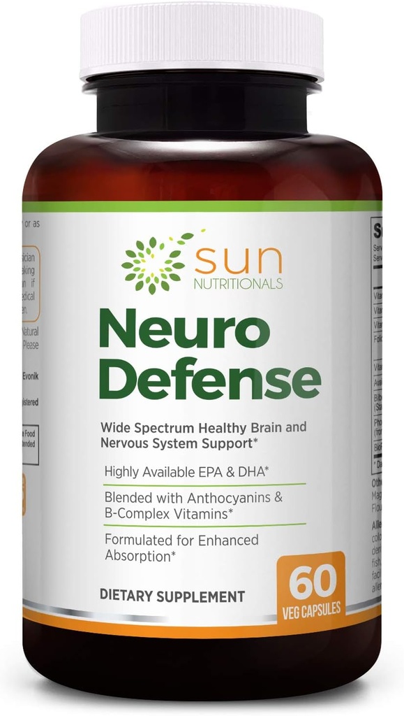 Neuro Defense with Omega-3 Fatty Acids EPA & DHA, Anthocyanins from Bilberry Extract, B-Complex Vitamins, Vitamins C & D3, Phosphatidylcholine, 60 VCaps, Non-GMO, Gluten Free