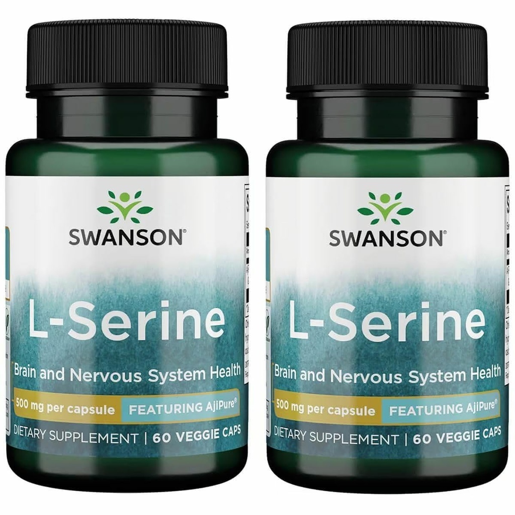 Swanson Ajipure L-Serine - Amino Acid Supplement Supporting Brain Health & Nervous System Function - Natural Formula Promoting Cognitive Function - (60 Veggie Capsules, 500mg Each) (2 Pack)