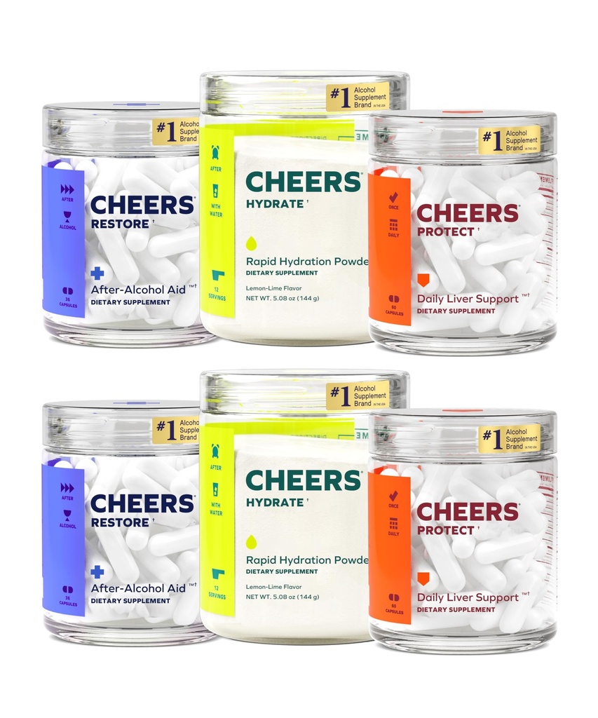 Cheers Super Combo | Restore + Protect + Hydrate | Feel Better After Drinking, Support Your Liver, & Rehydrate | DHM, L-Cysteine, Electrolytes | 24 Doses Restore & Hydrate, 60 Doses Protect
