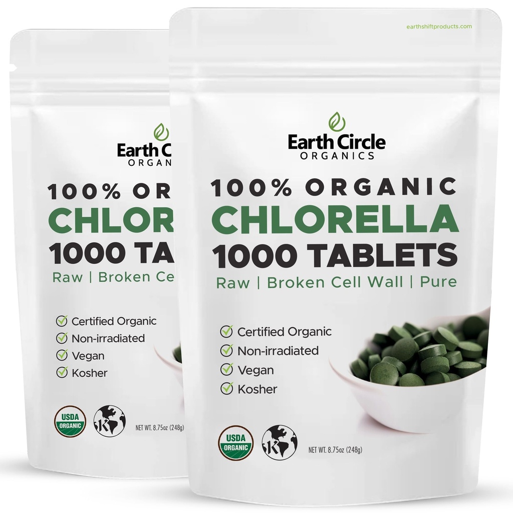 Earth Circle Organics Organic Chlorella Tablets 1000 Count | Pure Chlorella Pyrenoidosa | Broken Cell Wall for Better Nutrient Availability | Vegan, Kosher, Non-GMO | Whole Food Superfood | Pack of 2