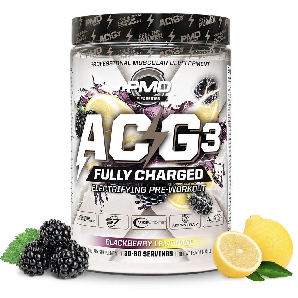 PMD Sports ACG3 Fully Charged - Electrifying Pre Workout Powder - High Energy & Pump Pre Workout for Men and Women to Maximize Focus, Endurance & Performance - BlackBerry Lemonade (30-60 Servings)