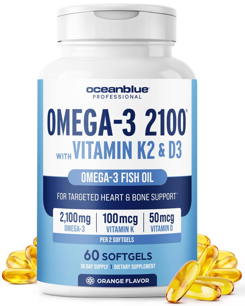 Oceanblue Professional Omega-3 2100 with Vitamin K2 and Vitamin D3-60 Count - Triple Strength Burpless Fish Oil Omega-3 Supplement with EPA, DHA & DPA - Wild Caught - Orange Flavor, 30 Servings