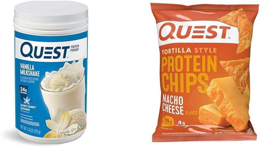 Quest Vanilla Milkshake Protein Powder, 24g Protein, 1.6lb + Quest Nacho Cheese Tortilla Style Protein Chips, 18g Protein, Pack of 12