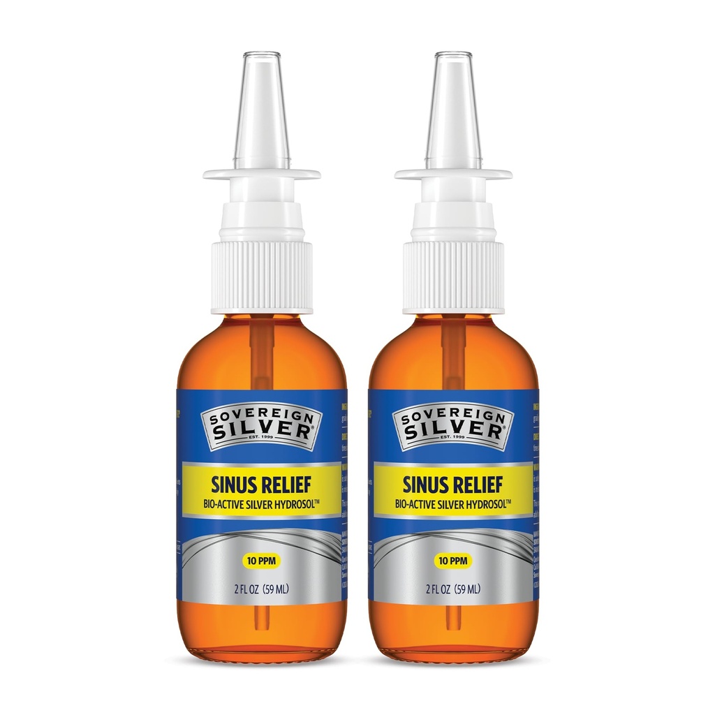 Sovereign Silver Sinus Relief Nasal Spray, 10 PPM Bio-Active Silver Hydrosol, Sinus Spray to Cleanse Mucus & Allergens, Drug-Free Nasal Cleanser, Non-Habit Forming – 2 fl oz (59mL), Pack of 2