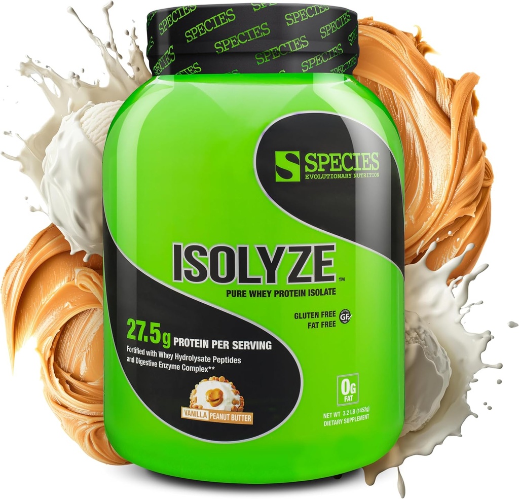 Species Nutrition Isolyze Whey Protein Powder, 100% Whey Isolate for Muscle Building, 27.5g Protein Per Scoop, No Sugar & Low Fat (Vanilla Peanut Butter, 44 Servings)