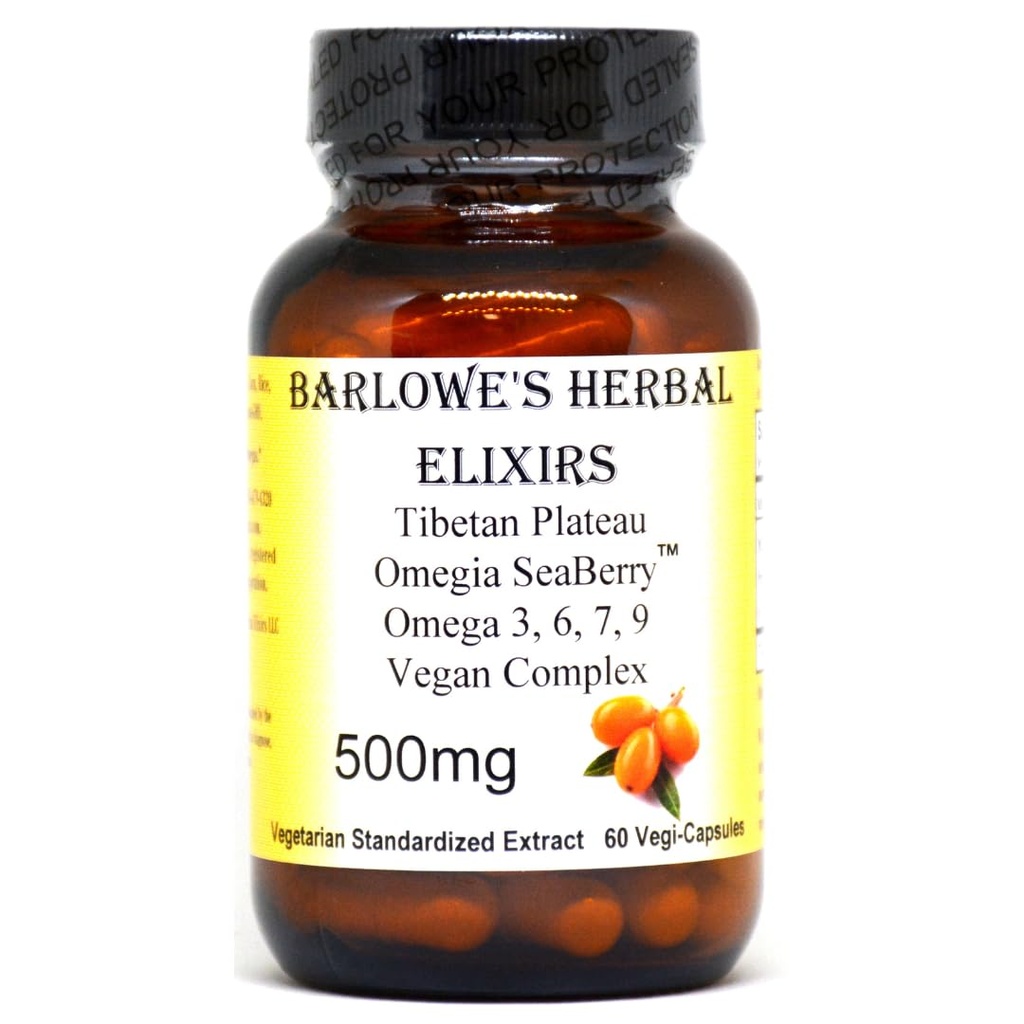 Barlowe's Herbal Elixirs Omegia Seaberry™ | Sea Buckthorn | Complete Omega 3, 6, 7, 9 Fatty Acids | 500mg Per Capsule | 60 Veggie Capsules | Glass Bottle | Stearate Free