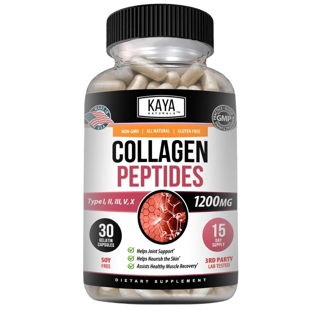 Kaya Naturals Multi Collagen Peptides Complex Powder for Women and Man, Vital for Hair, Skin, Nails, and Anti-Aging, Types I, II, III, V & X Collagen Protein Blend | Capsules - 30 Count Supplement