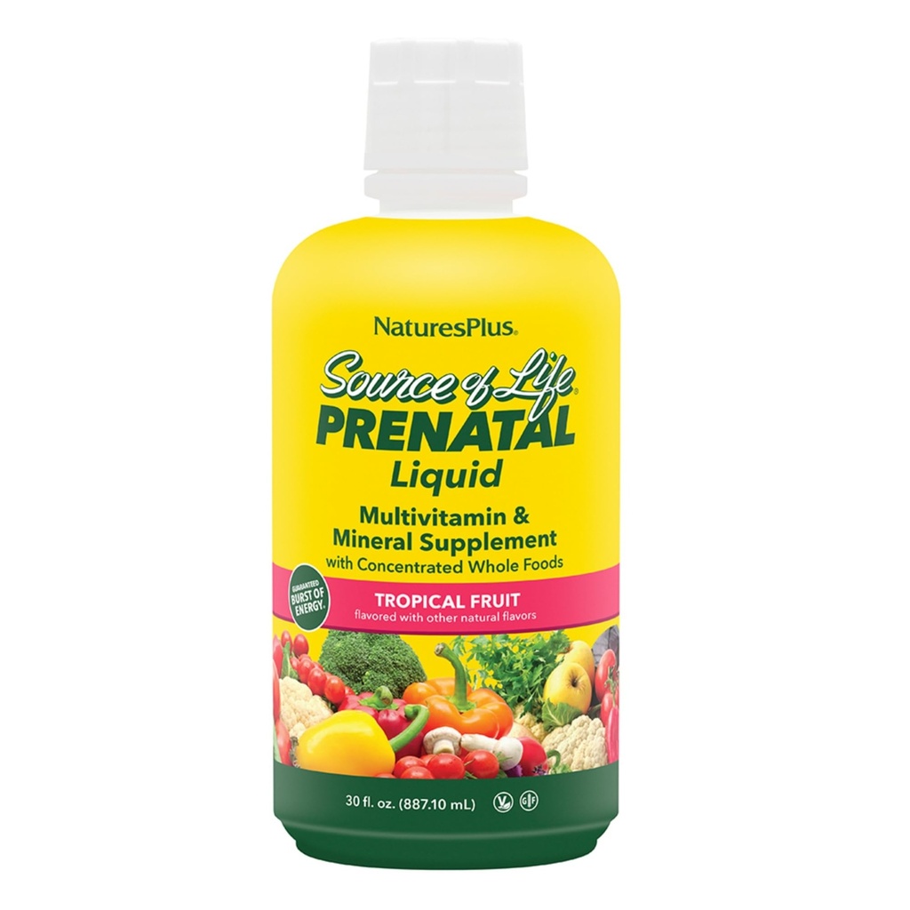 NaturesPlus Source of Life Prenatal Liquid - Tropical Fruit Flavor - 30 fl oz - Multivitamin & Mineral Supplement with Iron - Nutritional Support for Pregnancy - Gluten Free, Vegetarian - 30 Servings