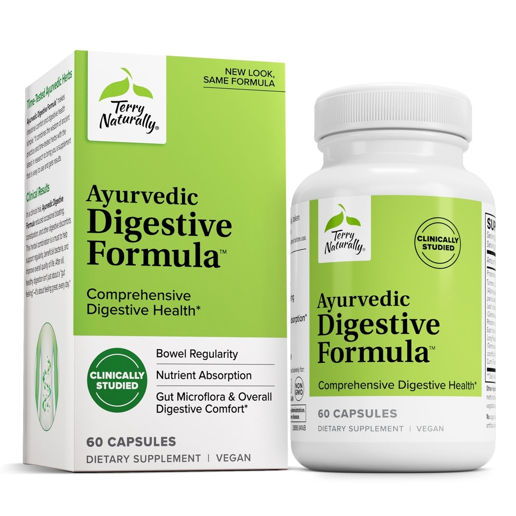 Terry Naturally Ayurvedic Digestive Formula - Gut Regularity - 60 Count | Digestive Regularity and Gut Microflora Support. 60 capsules.
