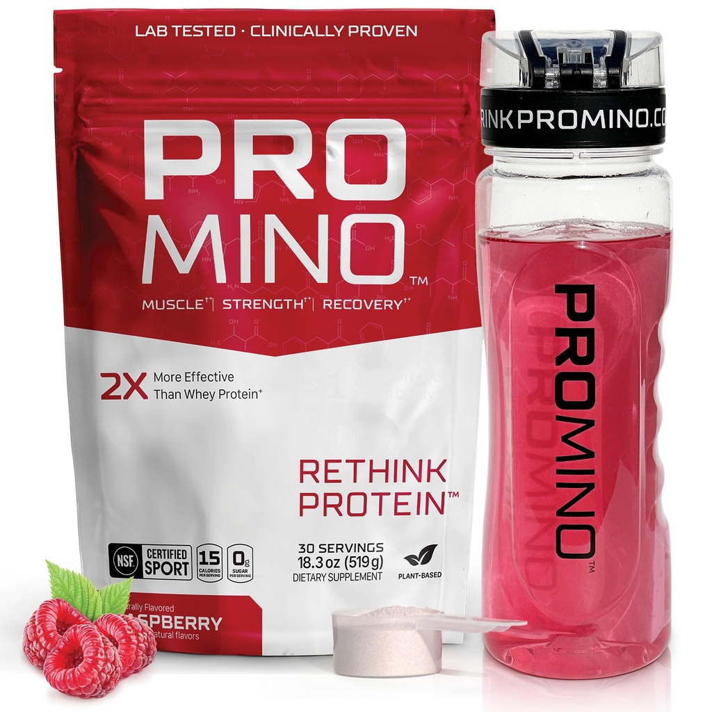 Promino® Essential Amino Acid Muscle Drink – 2X More Effective Than Whey – NSF Certified for Sport – Sugar-Free Recovery Fuel – Raspberry, 30 Servings
