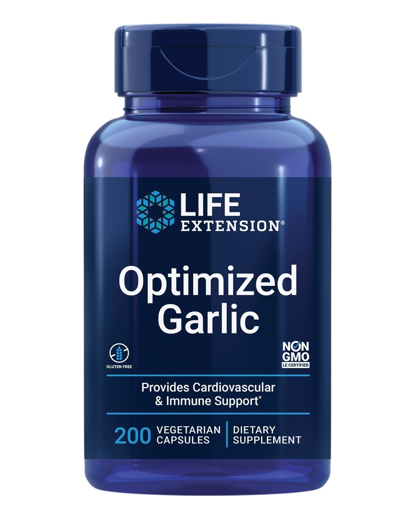 Life Extension Optimized Garlic, standardized Capsules for Heart Health, Immune Support, Cellular detoxification and Healthy platelet Function, Gluten-Free, Non-GMO, Vegetarian, 200 Capsules