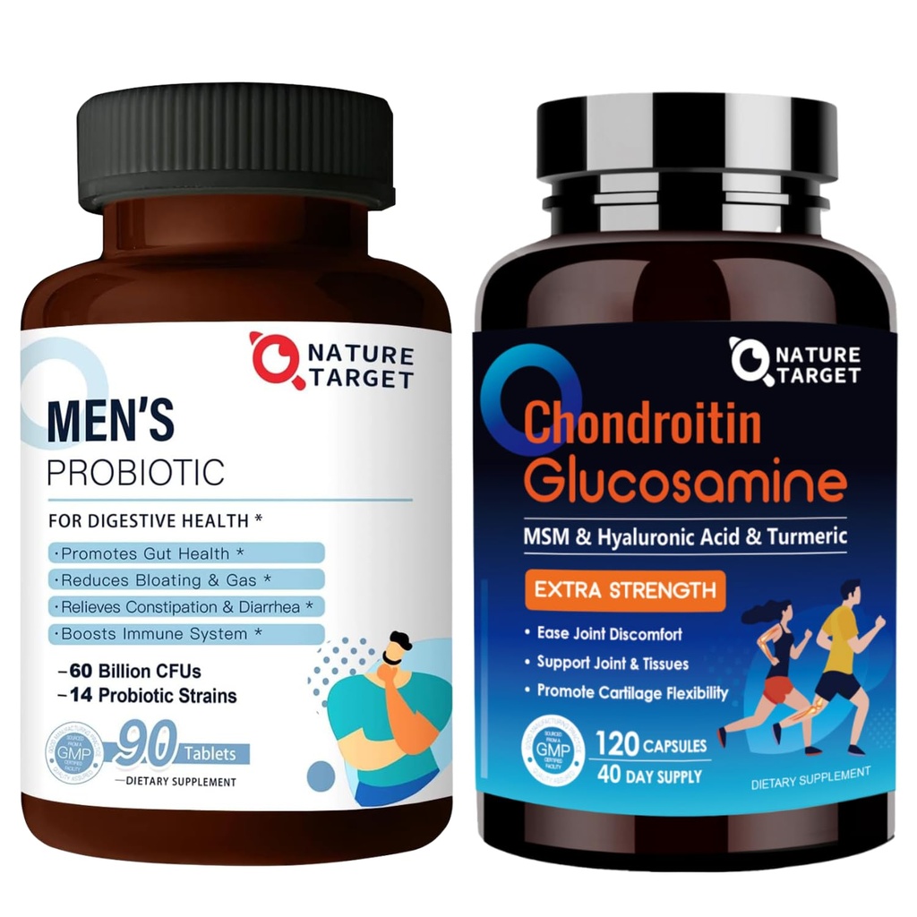 NATURE TARGET Probiotics for Men with Men Care Supplement, Glucosamine Chondroitin MSM, Joint Support Supplement, Shellfish Free