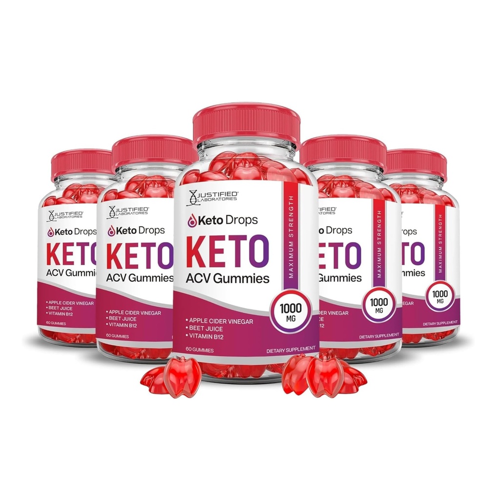 Justified Laboratories Keto Drops Keto ACV Gummies (1000 mg) - 60 Count, Pack of 5 - Formulated with Apple Cider Vinegar, Folate & Vitamin B12 - Non-GMO, Vegan, Gluten Free - 150 Servings