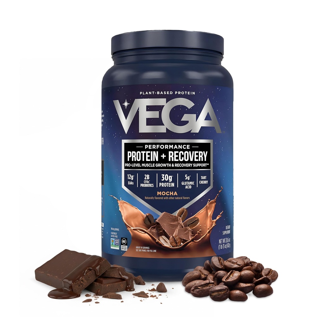 Vega Protein + Recovery, Mocha – 30g Vegan Protein, Dairy & Gluten Free, Probiotics, NSF Certified, 28.8 oz (19 Servings)