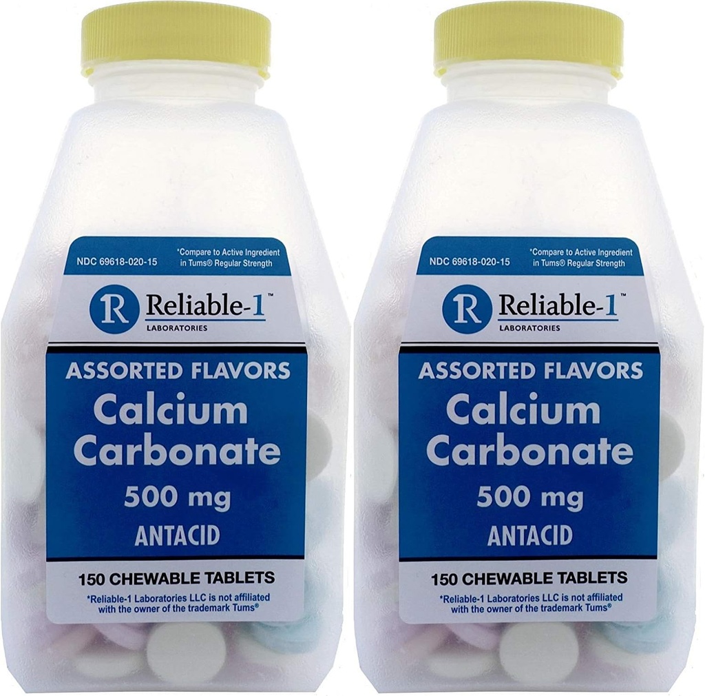 Calcium 500 mg Generic for Tums Assorted Fruit Flavored Chewable Tablets Regular Strength Antacid for Acid Indigestion, Heartburn, Sour Stomach 150 Chewable Tablets per Bottle Pack of 2