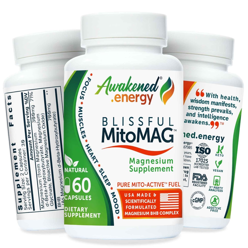 Blissful MitoMag – 300mg Elemental Magnesium Complex: Mg Glycinate, Mg BHB - Sleep Muscles Mood Energy Cognitive Focus Calm – All Natural, USA Made, No Additives – 60 Vegan Capsules Supplement