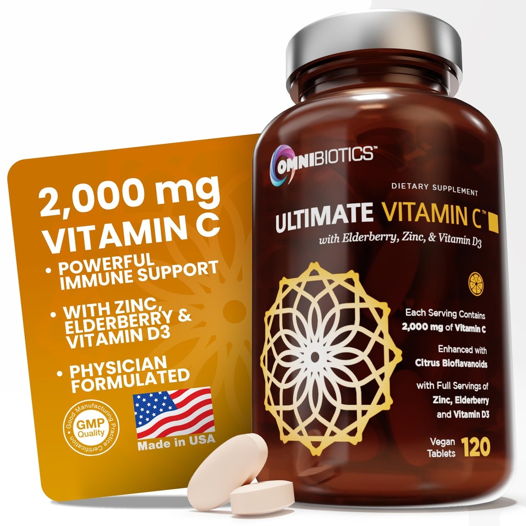 OmniBiotics Ultimate Vitamin C Supplement 2000mg – with Zinc, Elderberry Extract, and D3 – High Potency Immune Support & Collagen Booster – 120 Vegan Tablets