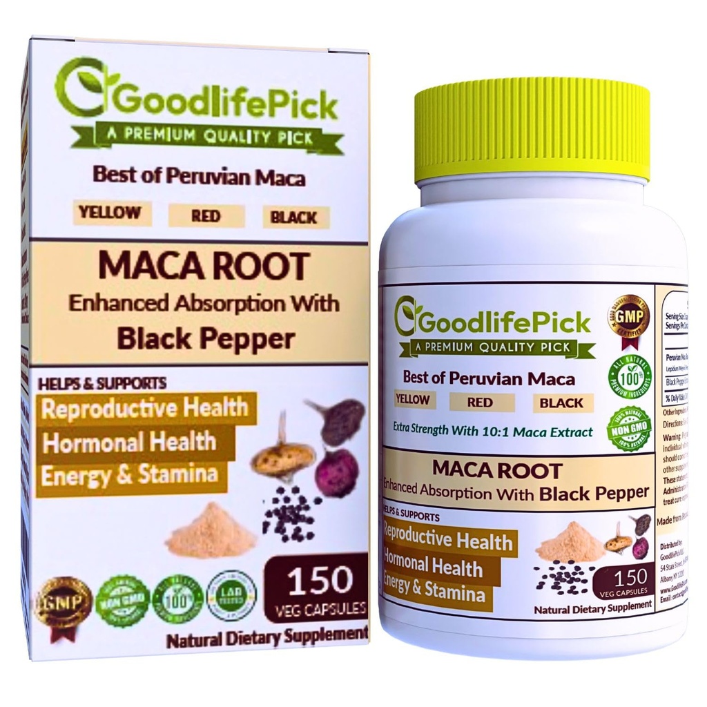 Peruvian Maca Root Capsules 150 ct. Powerful Maca Blend of Yellow Red & Black Maca Root with Black Pepper. All Natural NonGMO Vegan No Stearate No Rice Powder No Silica No Filler