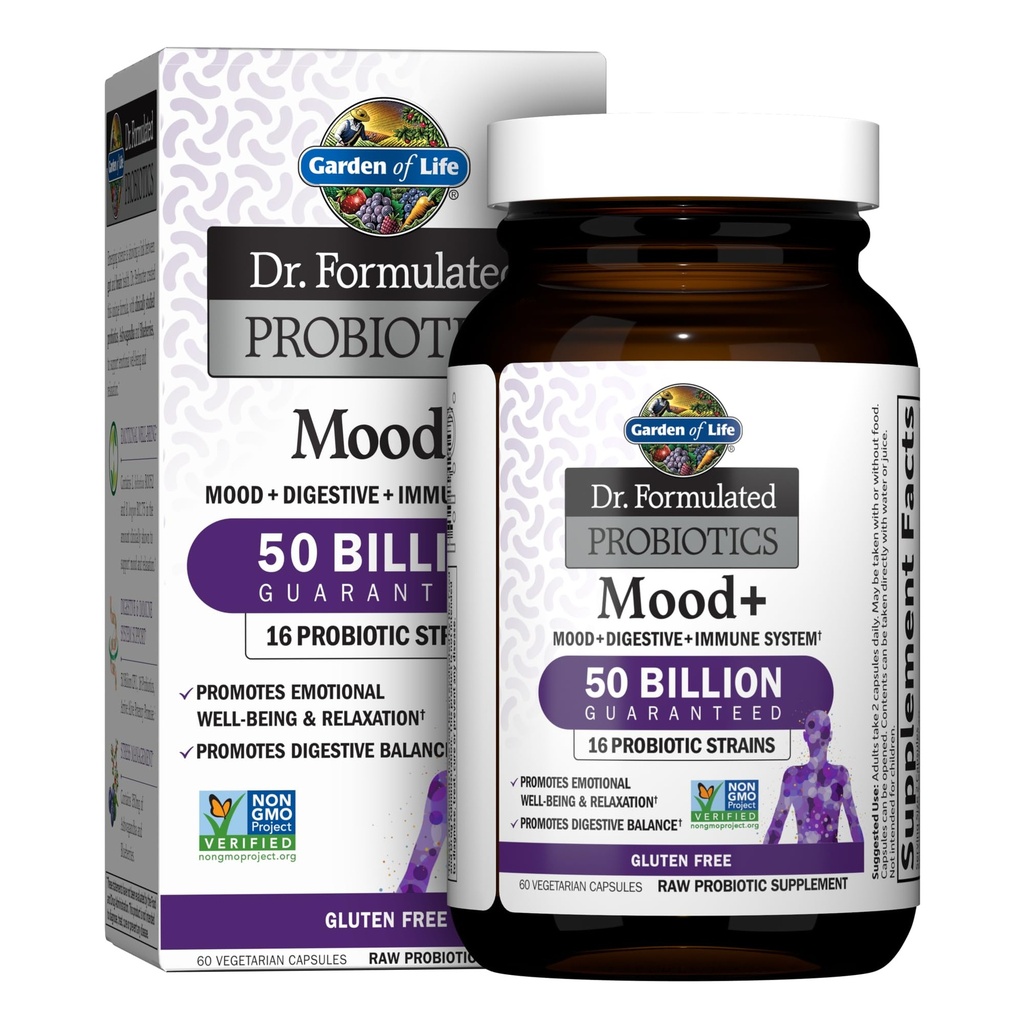 Garden of Life Dr. Formulated Probiotics Mood+ - 50 Billion CFU - Supports Relaxation & Digestive Health - 60 Vegetarian Capsules