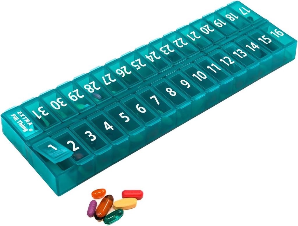 Once-a Day Monthly Pill Organizer Removable Lid for Easy Loading - Large Compartment Pill Box Medications for Entire Month Plus a Compartment for Extra Pills BPA Free