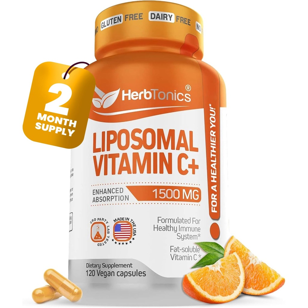 Herbtonics Liposomal Vitamin C Capsules 1500mg Immune Support Supplement | Immune System Health | High Absorption Vitamin C | Contains Collagen | 120 Vegan Capsules Non-GMO