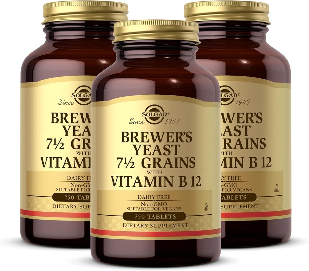 Solgar Brewer's Yeast 7 ½ Grains with Vitamin B12-250 Tablets, Pack of 3 - Non-GMO, Vegan, Dairy Free, Kosher - 123 Total Servings