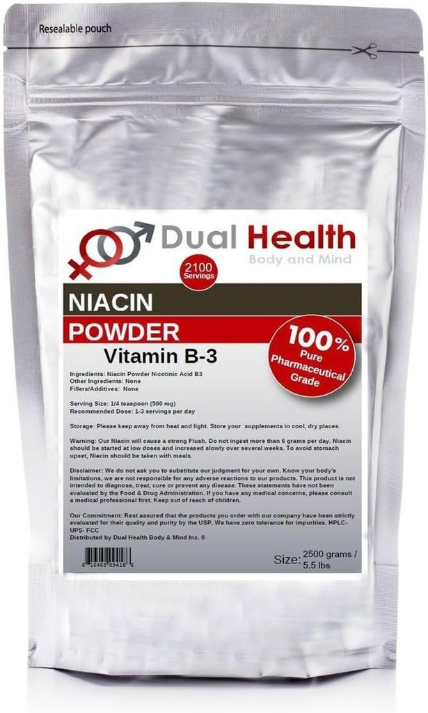 Niacin Powder (5.5 lbs - 2.5 kilograms) Vitamin B3 Bulk Supplement Immediate Release with Flush Nicotinic Acid Non-GMO, Vegan, Gluten Free Fast Absorption No Fillers, Additives, Metals